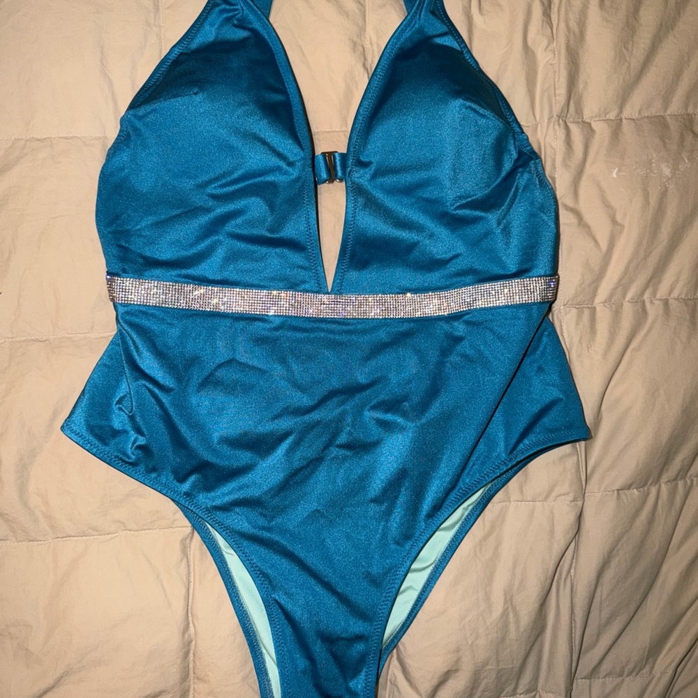Victoria's Secret Light Aqua and Teal One-Piece Swimsuit with Metallic Trim